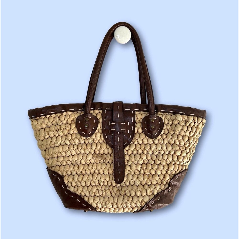Large Straw Studios Women's Brown Vegan Leather Straw Double Handles Tote Bag
